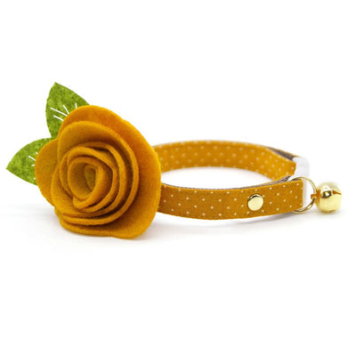Cat Collar + Flower Set - "Toffee" - Gold Caramel Polka Dot Cat Collar w/ Mustard Felt Flower (Detachable) / Cat, Kitten + Small Dog Sizes