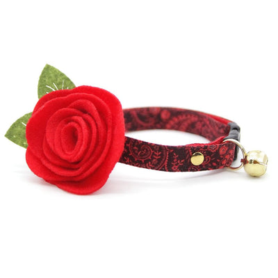 Paisley Cat Collar + Flower Set - "Tapestry" - Burgundy Cat Collar w/ Red (Detachable) / Cat, Kitten + Small Dog Sizes