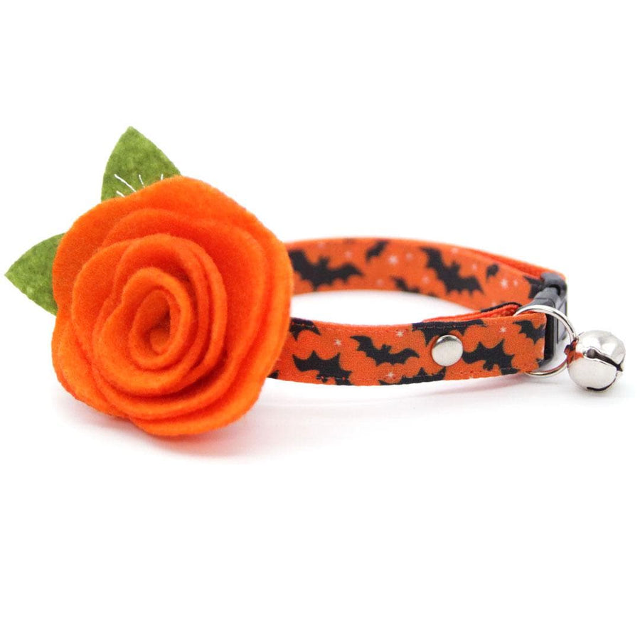 Cat Collar + Flower Set - "Batty Babe - Orange" - Halloween Bat Cat Collar w/ Orange Felt Flower (Detachable) / Cat, Kitten + Small Dog Sizes