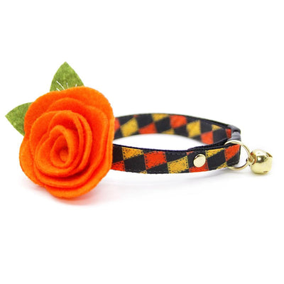 Cat Collar + Flower Set - "Haunted Harlequin" - Halloween Cat Collar w/ Orange Felt Flower (Detachable) / Cat, Kitten + Small Dog Sizes