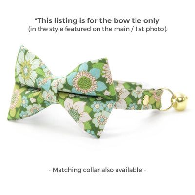 Retro Floral Cat Bow Tie - "Sage Garden" - Groovy 60s Green Bow Tie for Cat Collar / Botanical, Spring / Cat, Kitten + Small Dog Bowtie