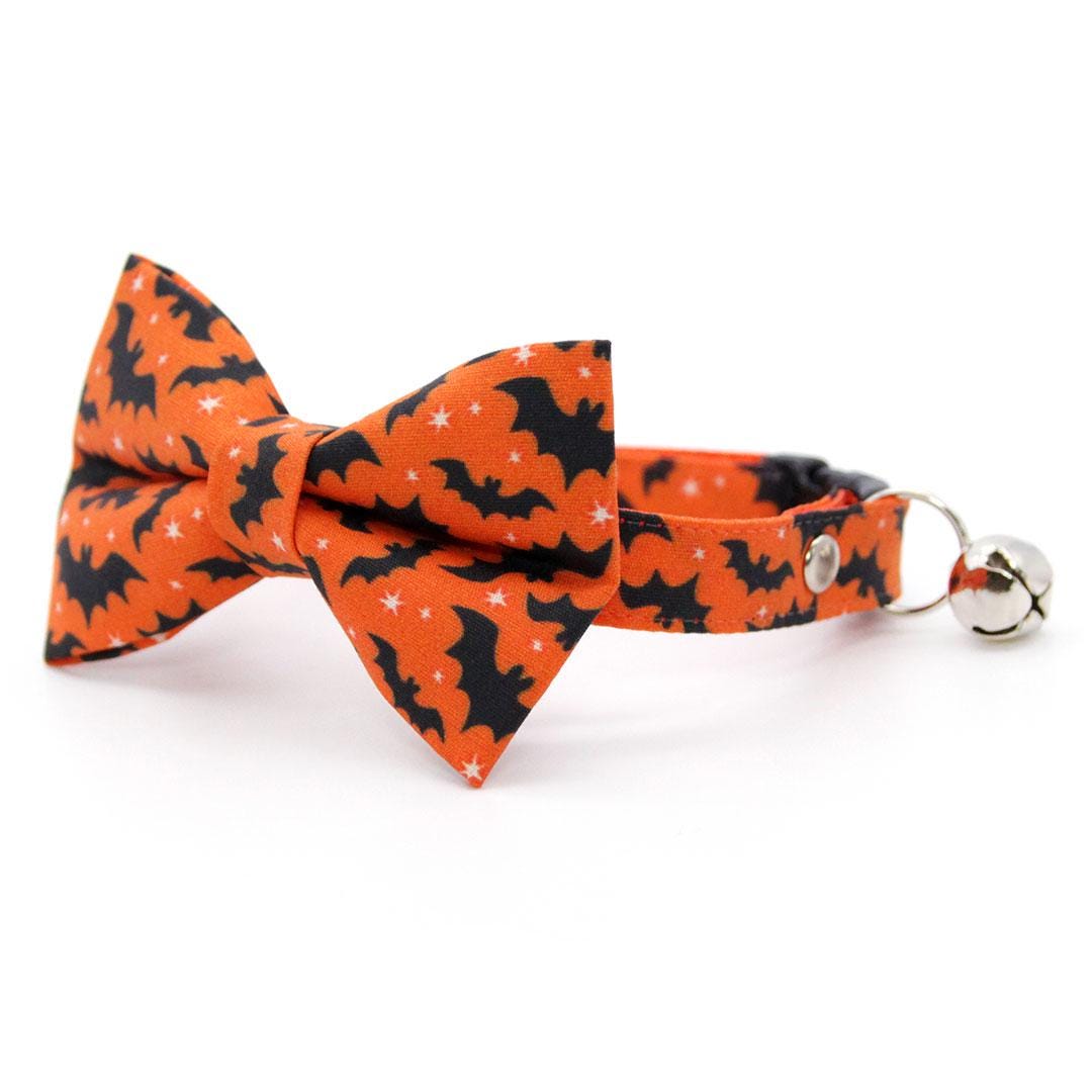 Halloween Bow Tie Cat Collar Set - "Batty Babe - Orange" - Spooky Black & Orange Bat Cat Collar with Bow Tie / Cat, Kitten, Small Dog Sizes