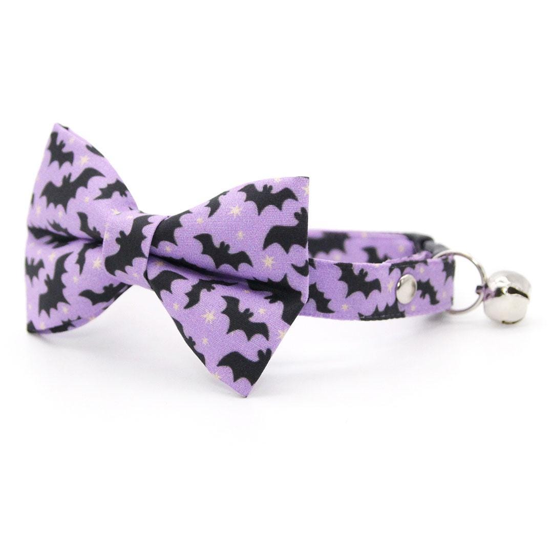 Halloween Bow Tie Cat Collar Set - "Batty Babe - Purple" - Gothic Cute Lilac Purple Bat Cat Collar with Bow Tie / Cat, Kitten, Small Dog Sizes