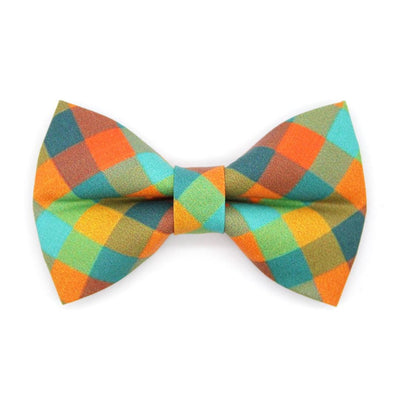 Bow Tie Cat Collar Set - "Twilight Timber" - Green, Teal & Orange Cabincore Plaid Cat Collar with Bow Tie / Fall, Camping, Thanksgiving / Cat, Kitten, Small Dog Sizes