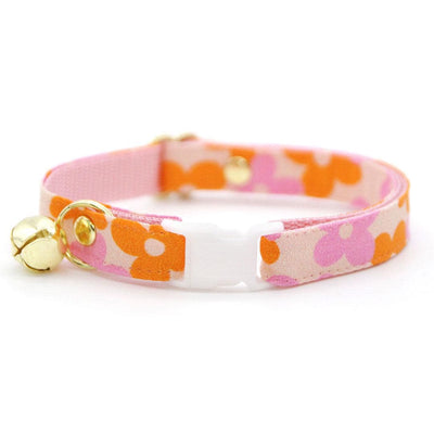 Bow Tie Cat Collar Set - "Petal Pop" - Groovy Retro Orange Pink Floral Cat Collar with Bow Tie / Fall, Spring, Summer / Cat, Kitten, Small Dog Sizes