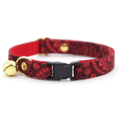 Paisley Cat Collar + Flower Set - "Tapestry" - Burgundy Cat Collar w/ Red (Detachable) / Cat, Kitten + Small Dog Sizes