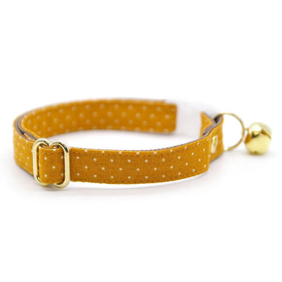 Cat Collar + Flower Set - "Toffee" - Gold Caramel Polka Dot Cat Collar w/ Mustard Felt Flower (Detachable) / Cat, Kitten + Small Dog Sizes