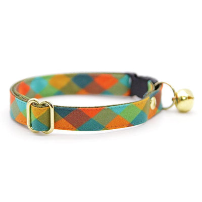 Cat Collar + Flower Set - "Twilight Timber" - Fall Plaid Cat Collar w/ Mustard Felt Flower (Detachable) / Cat, Kitten + Small Dog Sizes