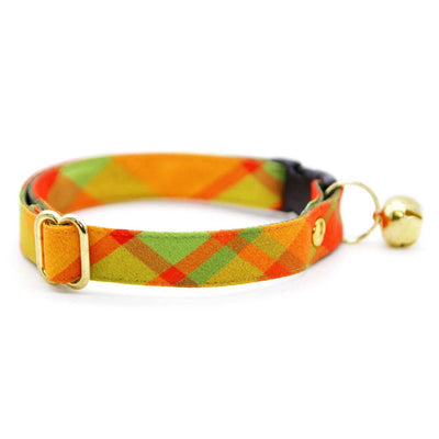 Cat Collar + Flower Set - "Cider Hill" - Autumn Plaid Cat Collar w/ Mustard Felt Flower (Detachable) / Cat, Kitten + Small Dog Sizes