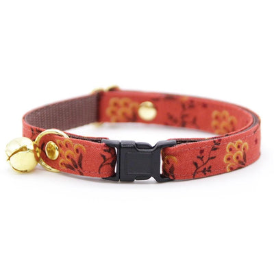 Cat Collar + Flower Set - "Prairie Bloom" - Rust Red Cat Collar w/ Mustard Felt Flower (Detachable) / Cat, Kitten + Small Dog Sizes