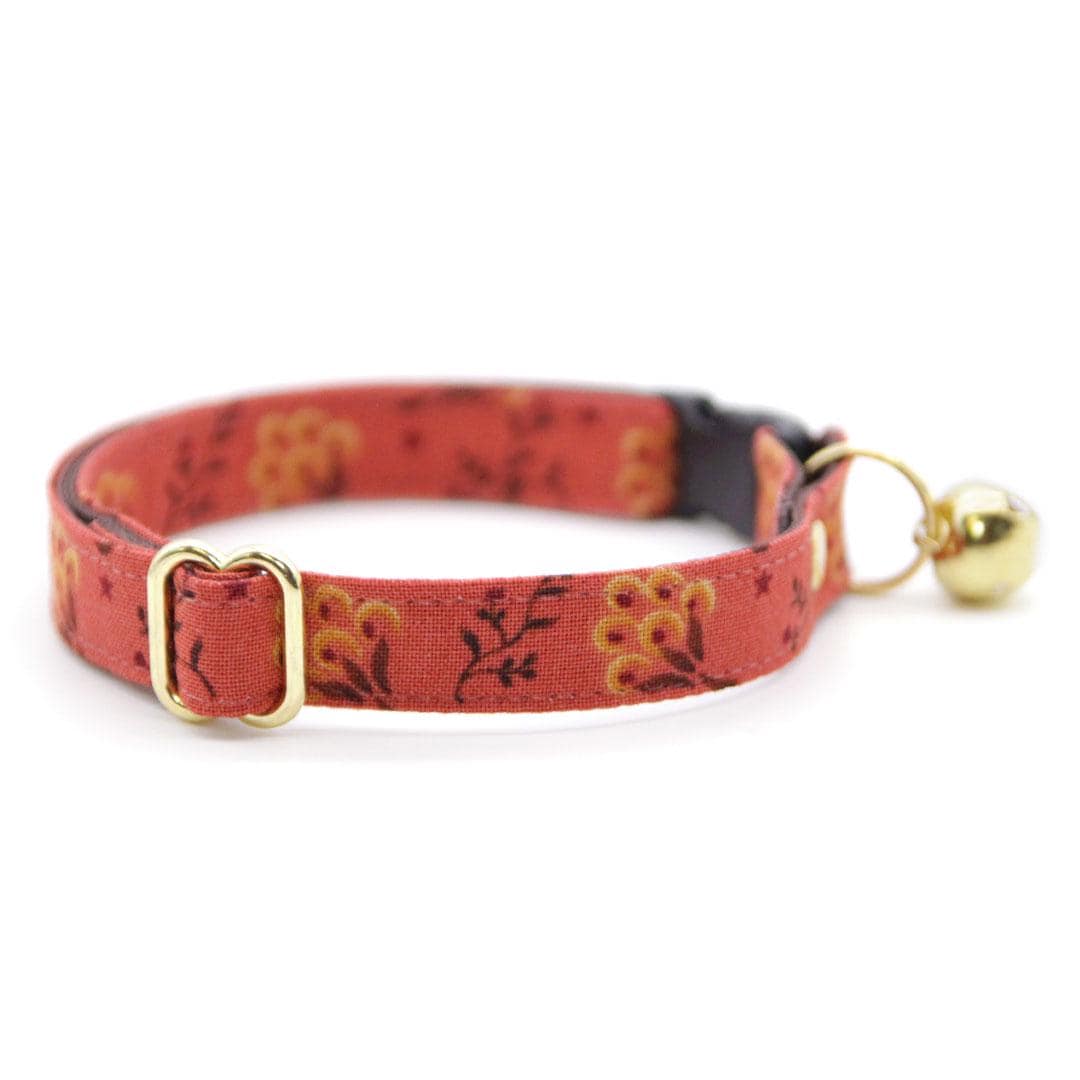 Cat Collar + Flower Set - "Prairie Bloom" - Rust Red Cat Collar w/ Mustard Felt Flower (Detachable) / Cat, Kitten + Small Dog Sizes