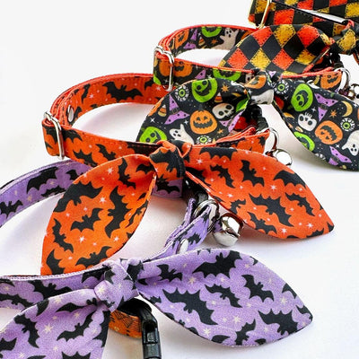 Cat Collar & Bunny Ear Bow Set - "Nevermore" - Halloween Raven Cat Collar w/ Matching Bunny Bow Tie / Edgar Allen Poe, Skull, Spiderweb / Tie-On Scarf / Cat, Kitten + Small Dog Sizes