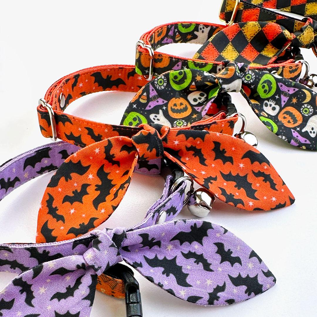 Cat Collar & Bunny Ear Bow Set - "Batty Babe - Purple" - Spooky Cute Lilac Halloween Bat Cat Collar w/ Matching Bunny Bow Tie / Tie-On Scarf / Cat, Kitten + Small Dog Sizes