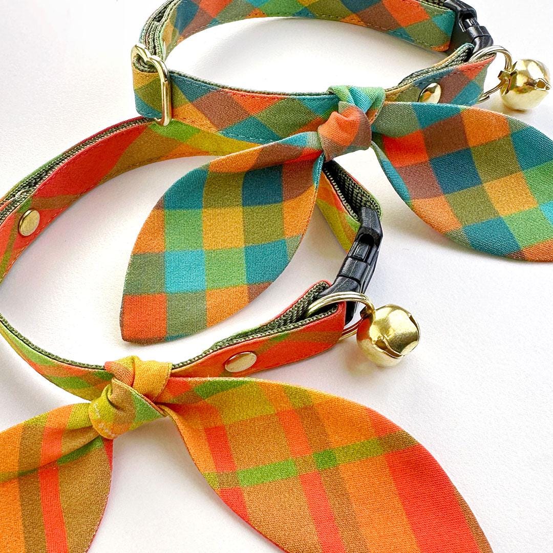 Cat Collar - "Twilight Timber" - Green Orange Teal Cabincore Plaid Cat Collar / Fall, Log Cabin, Camping Vibes / Breakaway Buckle or Non-Breakaway / Cat, Kitten + Small Dog Sizes