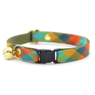Cat Collar - "Twilight Timber" - Green Orange Teal Cabincore Plaid Cat Collar / Fall, Log Cabin, Camping Vibes / Breakaway Buckle or Non-Breakaway / Cat, Kitten + Small Dog Sizes - Kitten (6-10) / Breakaway / Gold