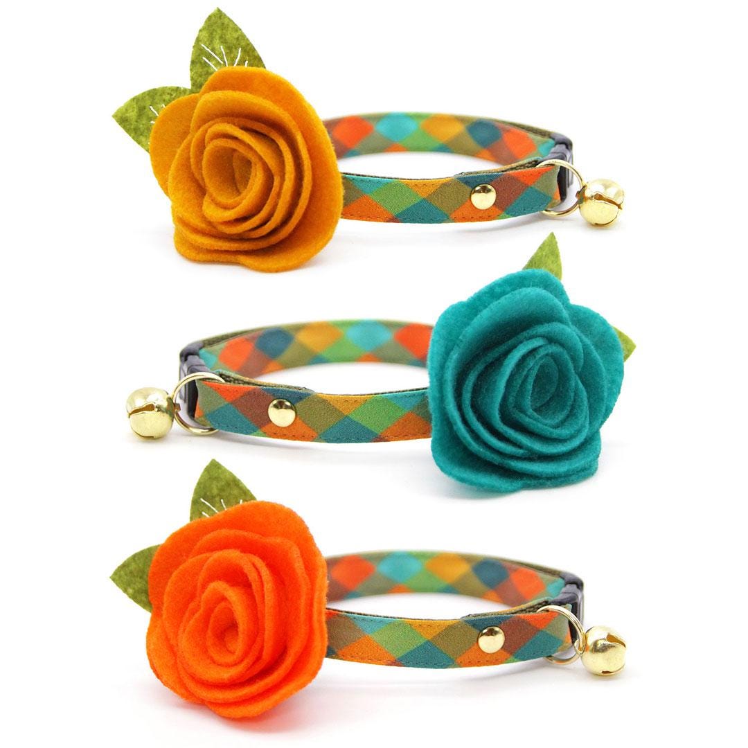 Cat Collar - "Twilight Timber" - Green Orange Teal Cabincore Plaid Cat Collar / Fall, Log Cabin, Camping Vibes / Breakaway Buckle or Non-Breakaway / Cat, Kitten + Small Dog Sizes