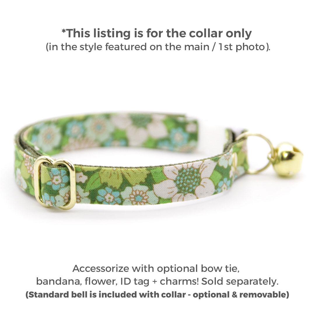 Cat Collar - "Sage Garden" - Retro Floral Botanical Green Cat Collar / Breakaway Buckle or Non-Breakaway / Cat, Kitten + Small Dog Sizes