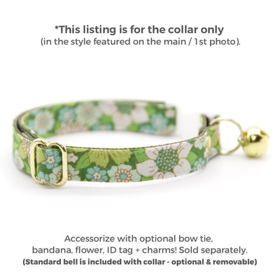 Cat Collar - "Sage Garden" - Retro Floral Botanical Green Cat Collar / Breakaway Buckle or Non-Breakaway / Cat, Kitten + Small Dog Sizes