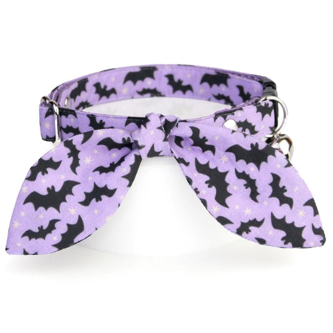 Cat Collar & Bunny Ear Bow Set - "Batty Babe - Purple" - Spooky Cute Lilac Halloween Bat Cat Collar w/ Matching Bunny Bow Tie / Tie-On Scarf / Cat, Kitten + Small Dog Sizes