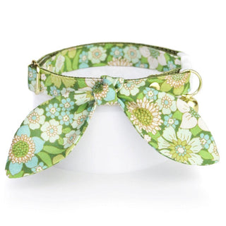 Cat Collar & Bunny Ear Bow Set - "Sage Garden" - Floral Green Cat Collar w/ Matching Bunny Bow Tie / Retro, Vintage 60s / Tie-On Scarf / Cat, Kitten + Small Dog Sizes - Kitten (6-10) / Breakaway / Gold