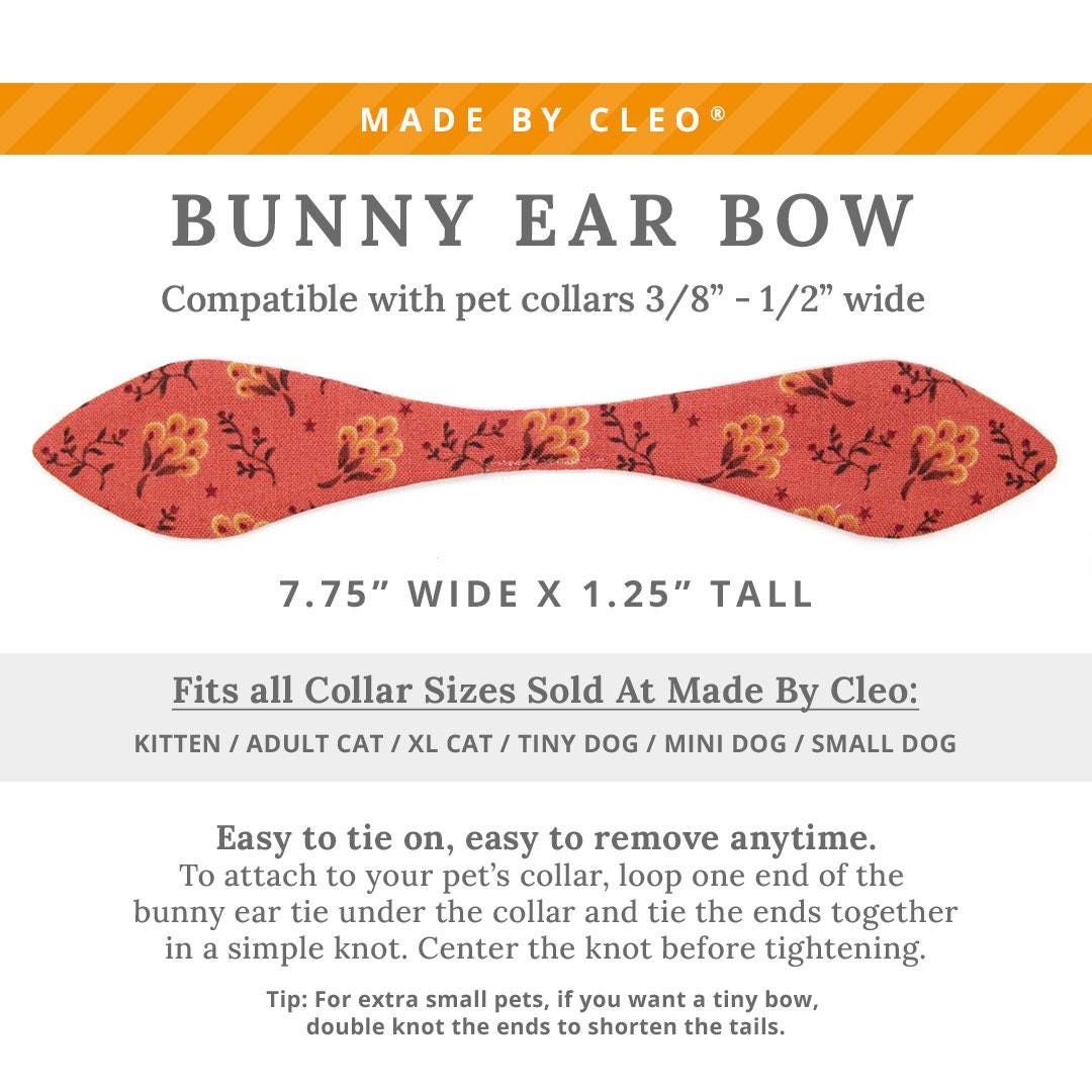 Cat Collar & Bunny Ear Bow Set - "Prairie Bloom" - Rust Red Cat Collar w/ Matching Bunny Bow Tie / Fall + Thanksgiving / Tie-On Scarf / Cat, Kitten + Small Dog Sizes