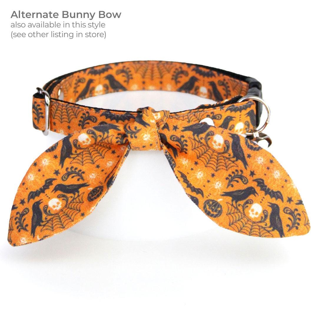 Cat Collar + Flower Set - "Nevermore" - Halloween Raven Cat Collar w/ Orange Felt Flower (Detachable) / Cat, Kitten + Small Dog Sizes