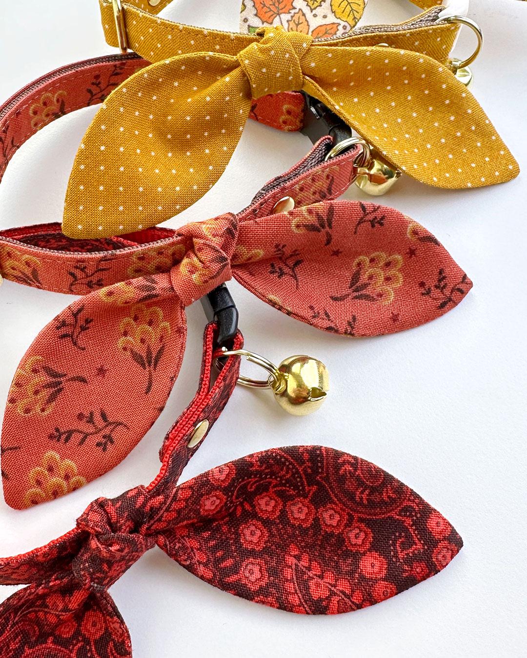 Cat Collar & Bunny Ear Bow Set - "Tapestry" - Fall Burgundy Red Paisley Cat Collar w/ Matching Bunny Bow Tie / Fall, Thanksgiving, Holiday / Tie-On Scarf / Cat, Kitten + Small Dog Sizes