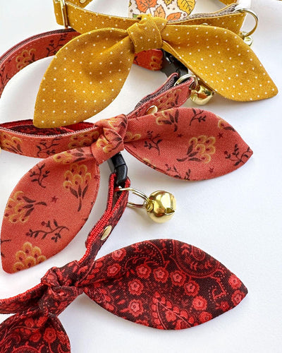 Cat Collar & Bunny Ear Bow Set - "Tapestry" - Fall Burgundy Red Paisley Cat Collar w/ Matching Bunny Bow Tie / Fall, Thanksgiving, Holiday / Tie-On Scarf / Cat, Kitten + Small Dog Sizes
