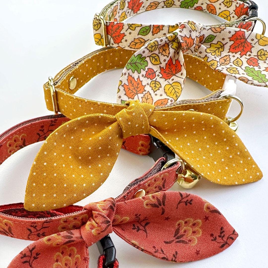 Cat Collar & Bunny Ear Bow Set - "Toffee" - Gold Caramel Polka Dot Cat Collar w/ Matching Bunny Bow Tie / Yellow, Fall, Spring, Summer / Tie-On Scarf / Cat, Kitten + Small Dog Sizes