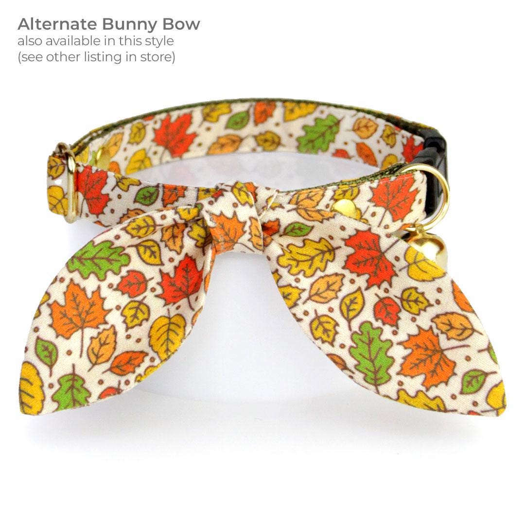 Cat Collar + Flower Set - "Autumn Aura" - Fall Leaves Cat Collar w/ Mustard Felt Flower (Detachable) / Cat, Kitten + Small Dog Sizes