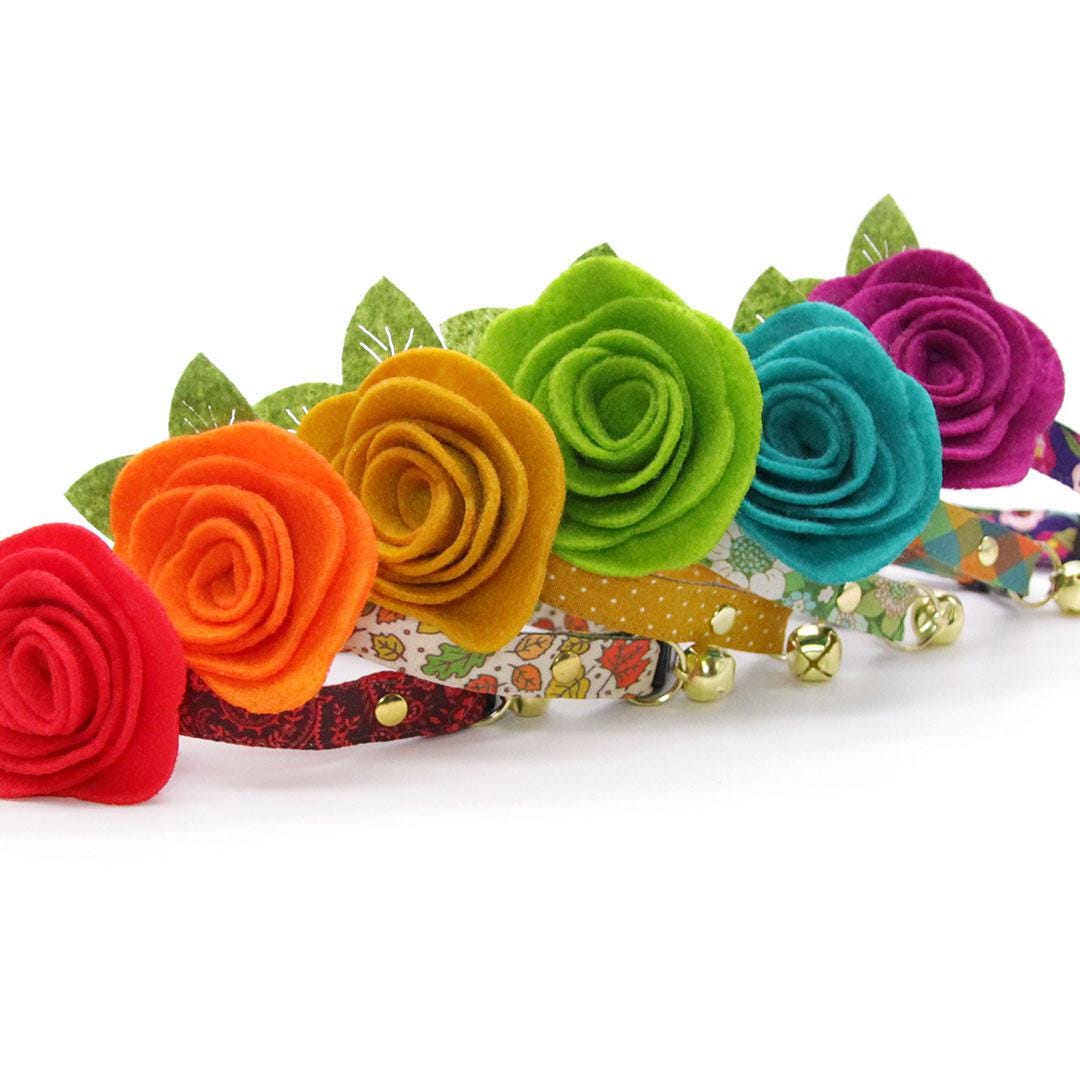 Cat Collar + Flower Set - "Twilight Timber" - Fall Plaid Cat Collar w/ Teal Felt Flower (Detachable) / Cat, Kitten + Small Dog Sizes