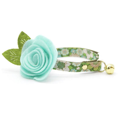 Cat Collar + Flower Set - "Sage Garden" - Green Floral Cat Collar w/ Mint Felt Flower (Detachable) / Cat, Kitten + Small Dog Sizes