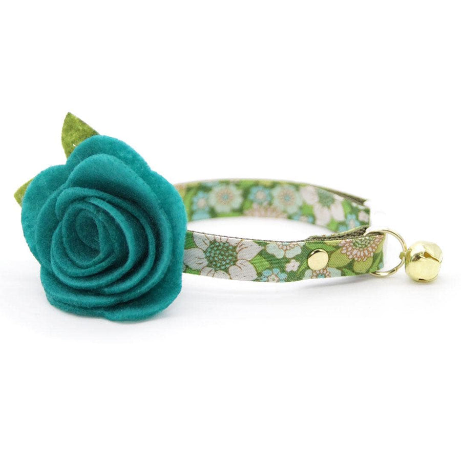 Cat Collar + Flower Set - "Sage Garden" - Green Floral Cat Collar w/ Teal Felt Flower (Detachable) / Cat, Kitten + Small Dog Sizes