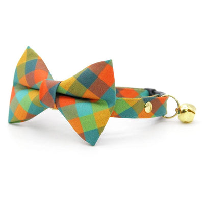 Bow Tie Cat Collar Set - "Twilight Timber" - Green, Teal & Orange Cabincore Plaid Cat Collar with Bow Tie / Fall, Camping, Thanksgiving / Cat, Kitten, Small Dog Sizes