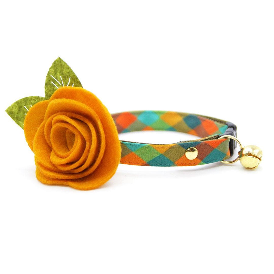 Cat Collar + Flower Set - "Twilight Timber" - Fall Plaid Cat Collar w/ Mustard Felt Flower (Detachable) / Cat, Kitten + Small Dog Sizes