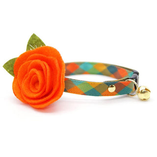 Cat Collar + Flower Set - "Twilight Timber" - Fall Plaid Cat Collar w/ Orange Felt Flower (Detachable) / Cat, Kitten + Small Dog Sizes - Adult Cat (8-13) / Breakaway / Gold