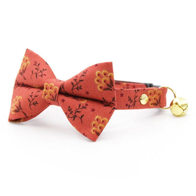 Bow Tie Cat Collar Set - "Prairie Bloom" - Rust Red Cat Collar with Bow Tie / Fall, Thanksgiving, Cottagecore / Cat, Kitten, Small Dog Sizes