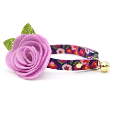 Cat Collar + Flower Set - "Plum Blossom" - Floral Cat Collar w/ Lavender Felt Flower (Detachable) / Cat, Kitten + Small Dog Sizes
