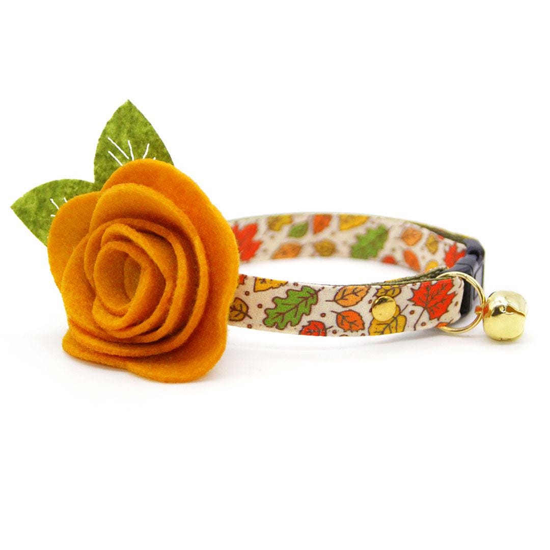 Cat Collar + Flower Set - "Autumn Aura" - Fall Leaves Cat Collar w/ Mustard Felt Flower (Detachable) / Cat, Kitten + Small Dog Sizes