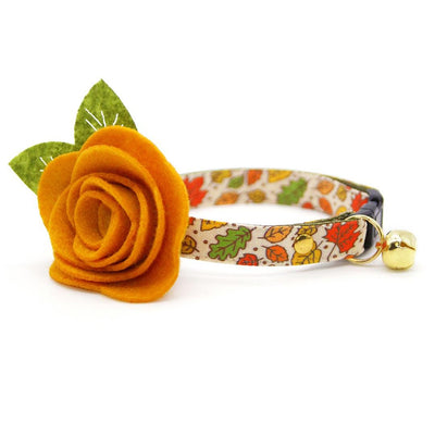 Cat Collar + Flower Set - "Autumn Aura" - Fall Leaves Cat Collar w/ Mustard Felt Flower (Detachable) / Cat, Kitten + Small Dog Sizes