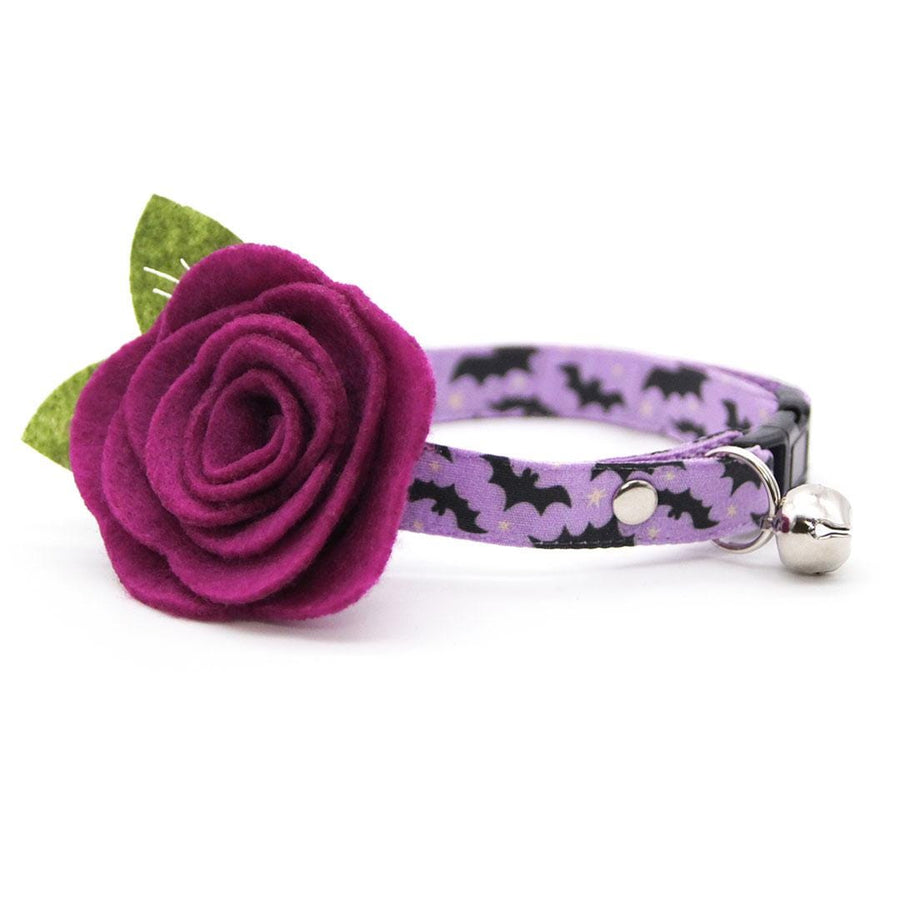 Cat Collar + Flower Set - "Batty Babe - Purple" - Halloween Bat Cat Collar w/ Plum Felt Flower (Detachable) / Cat, Kitten + Small Dog Sizes