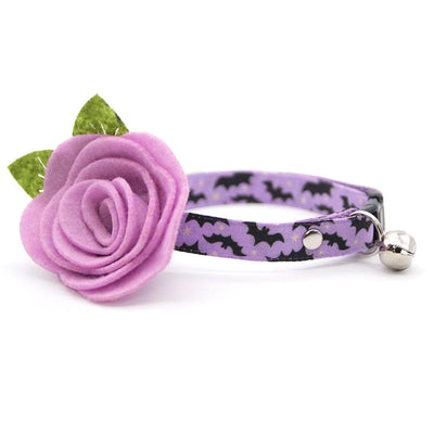 Cat Collar + Flower Set - "Batty Babe - Purple" - Halloween Bat Cat Collar w/ Lavender Felt Flower (Detachable) / Cat, Kitten + Small Dog Sizes