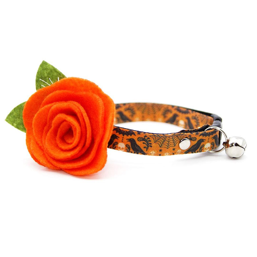 Cat Collar + Flower Set - "Nevermore" - Halloween Raven Cat Collar w/ Orange Felt Flower (Detachable) / Cat, Kitten + Small Dog Sizes