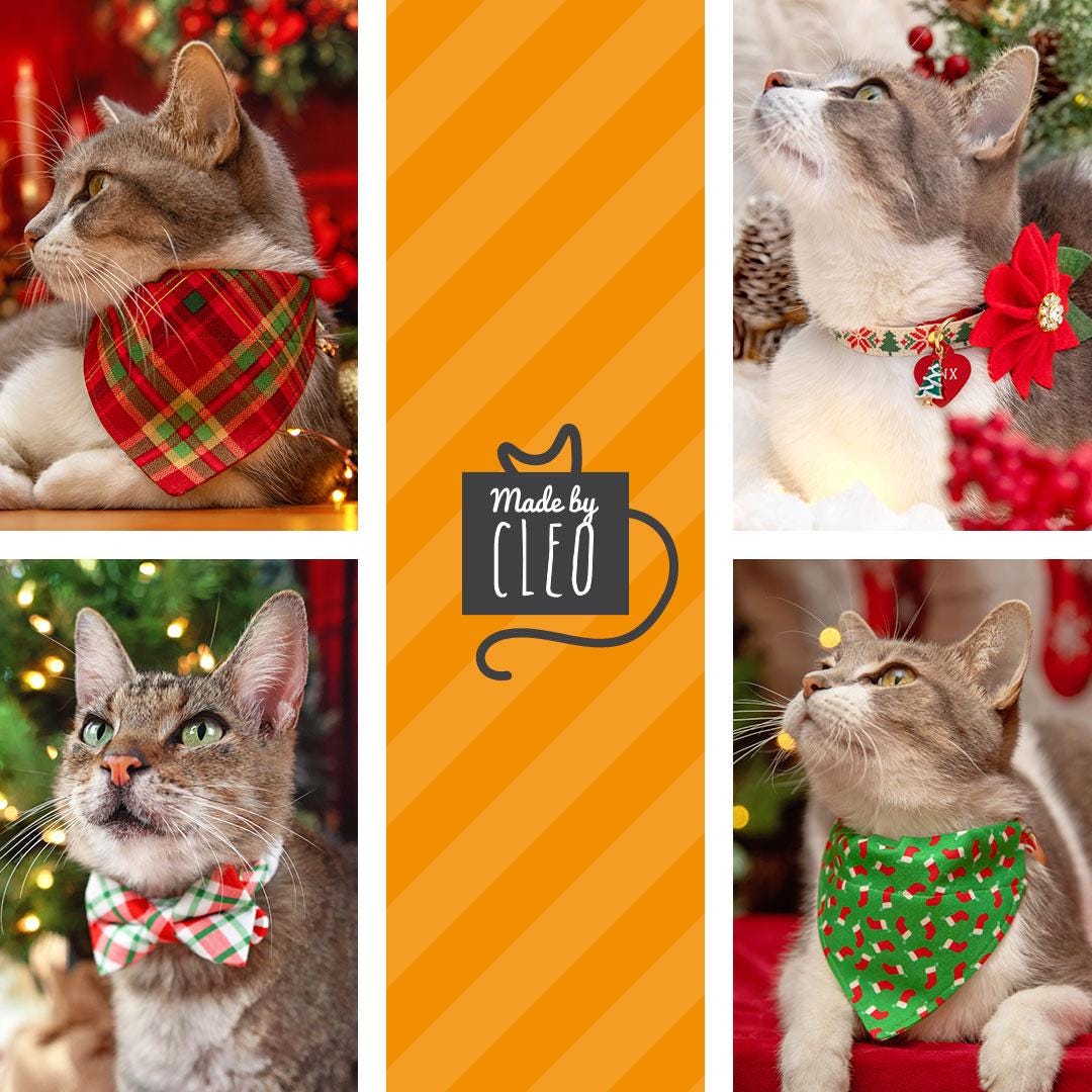 Cat Collar and Bunny Ear Bow Set - "Dreidels + Star of David" - Blue & Gold Hanukkah Cat Collar w/ Matching Bunny Bow Tie / Tie-On Scarf / Cat, Kitten + Small Dog Sizes