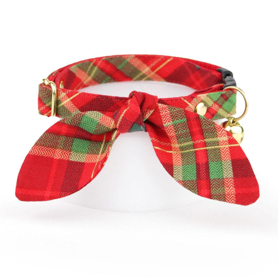 Cat Collar and Bunny Ear Bow Set - "Cranberry Clove" - Red Plaid Holiday Cat Collar w/ Matching Bunny Bow Tie / Tie-On Scarf / Cat, Kitten + Small Dog Sizes