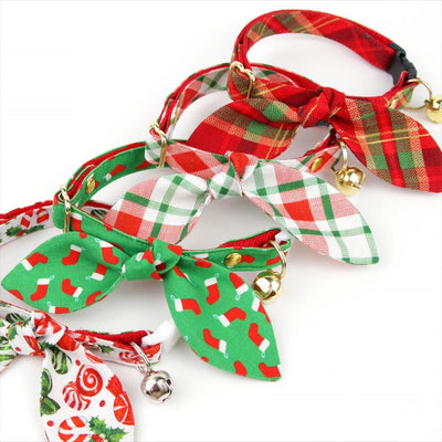 Cat Collar and Bunny Ear Bow Set - "Jolly Plaid" - Red & Green Christmas Plaid Cat Collar w/ Matching Bunny Bow Tie / Tie-On Scarf / Cat, Kitten + Small Dog Sizes