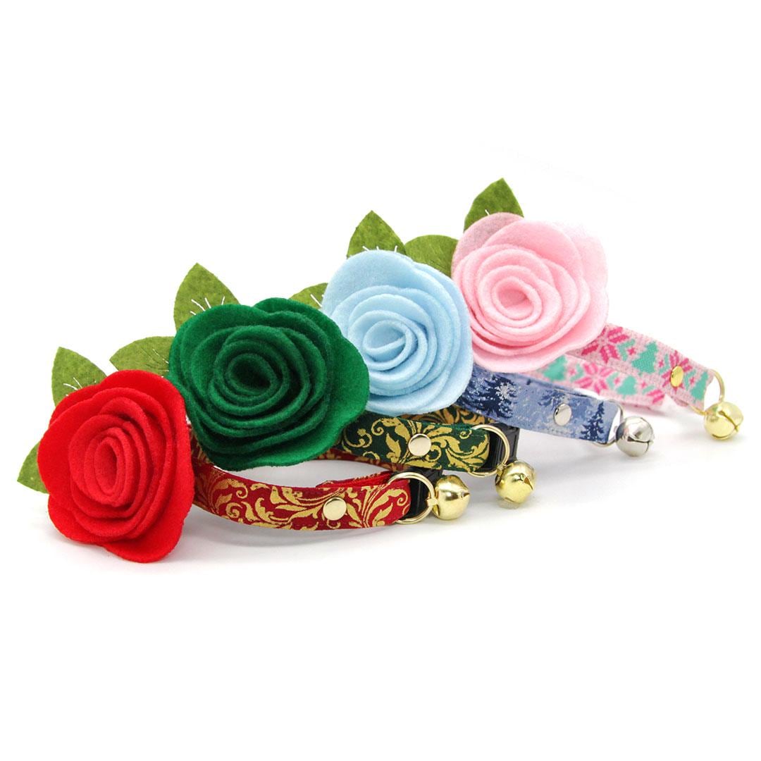 Cat Collar + Flower Set - "Star Of David - Gold & Blue" - Jewish Cat Collar w/ Sky Blue Felt Flower (Detachable) / Hanukkah, Yom Kippur, Passover / Cat, Kitten + Small Dog Sizes