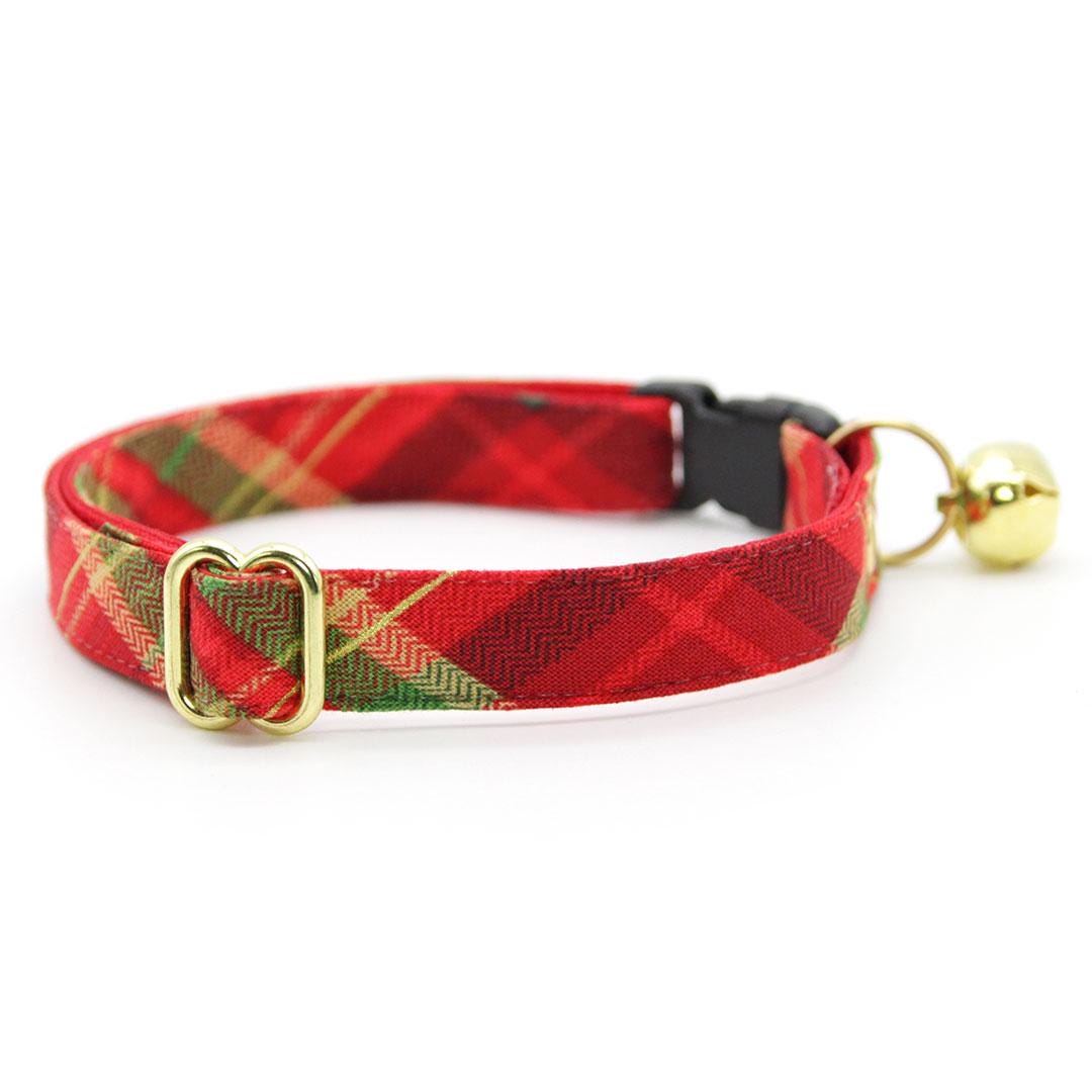 Holiday Bow Tie Cat Collar Set - "Cranberry Clove" - Red Green Christmas Tartan Plaid Cat Collar with Bow Tie / Cat, Kitten, Small Dog Sizes
