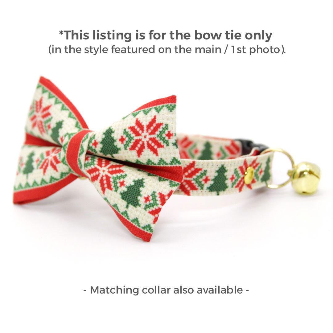 Nordic Cat Bow Tie - "Fair Isle - Christmas" - Red & Green Alpine Holiday Bow Tie for Cat Collar / Cat, Kitten + Small Dog Bowtie