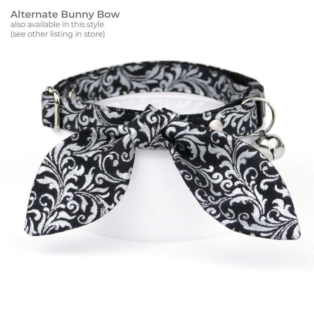 Regal Cat Bow Tie - "Royal Sterling" - Black & Silver Bow Tie for Cat Collar / Wedding, Victorian, Medieval, New Years / Cat, Kitten + Small Dog Bowtie